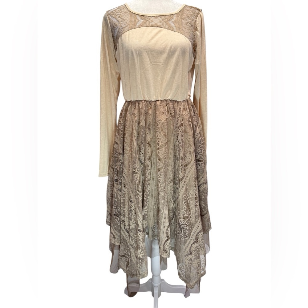 Ryu Cream & Taupe Dress Asymmetric Hem Fairy Boho Knit Bodice Lace Mesh Overlay